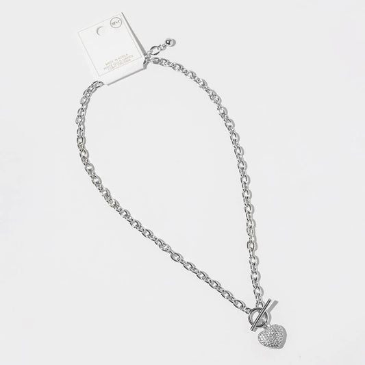 Gold Dipped Chunky Chain CZ Stone Paved Puff Heart Toggle Pendant Necklace