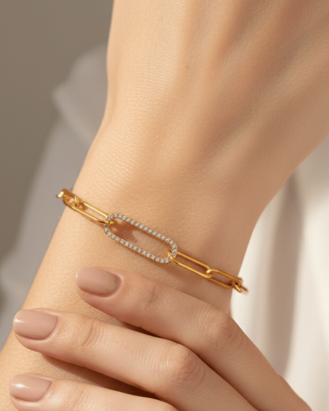 Zirconia Gold Paperclip Necklace & Bracelet Set