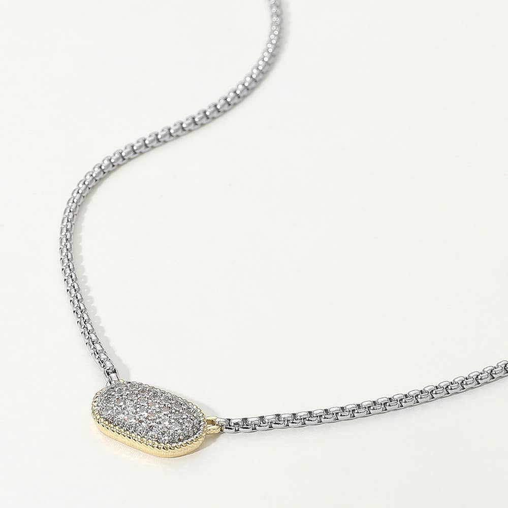 14K Gold Plated Stone Paved Two Tone Pendant Necklace