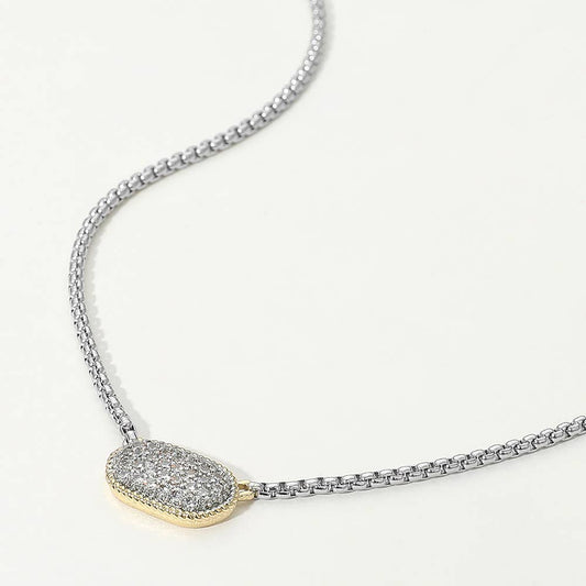 14K Gold Plated Stone Paved Two Tone Pendant Necklace