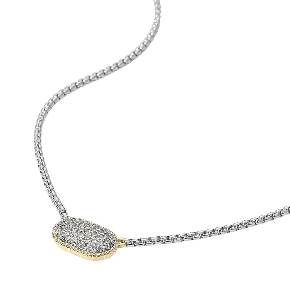 14K Gold Plated Stone Paved Two Tone Pendant Necklace