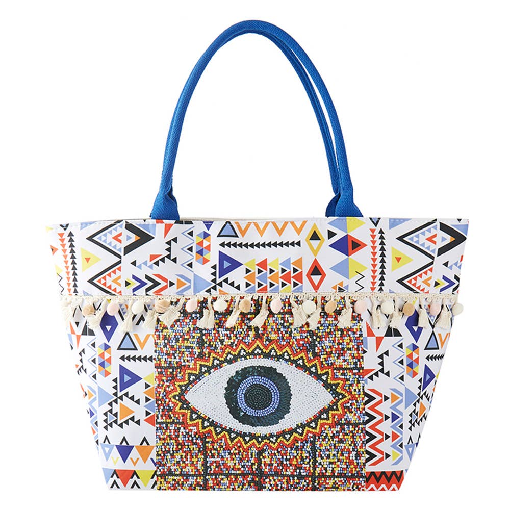Evil Eye Boho Print Pom Pom fringe Tote Bag