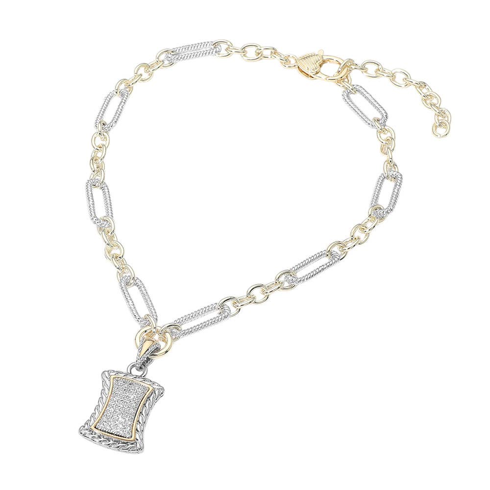14K Gold Plated Two Tone Pave Rectangular Frame Pendant Necklace