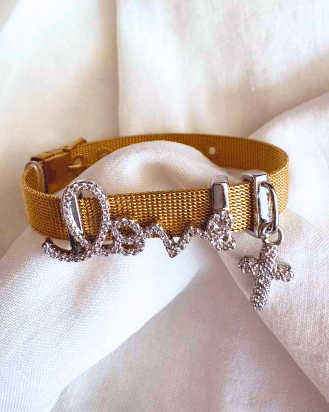 Faith Crystal Studded Love Cross Charm Duo Toned Bracelet