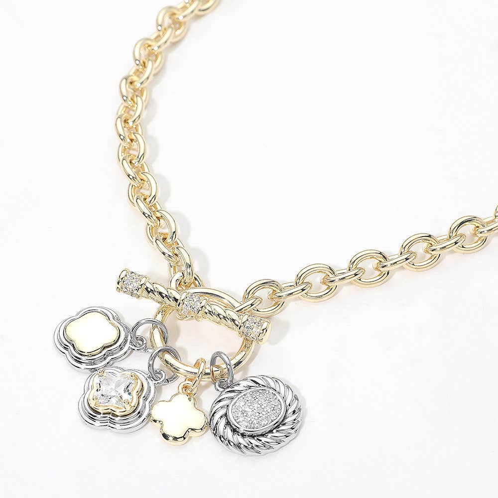 14K Gold Plated Two Tone Quatrefoil Oval Multi Charm Toggle Necklace