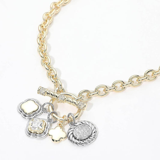 14K Gold Plated Two Tone Quatrefoil Oval Multi Charm Toggle Necklace