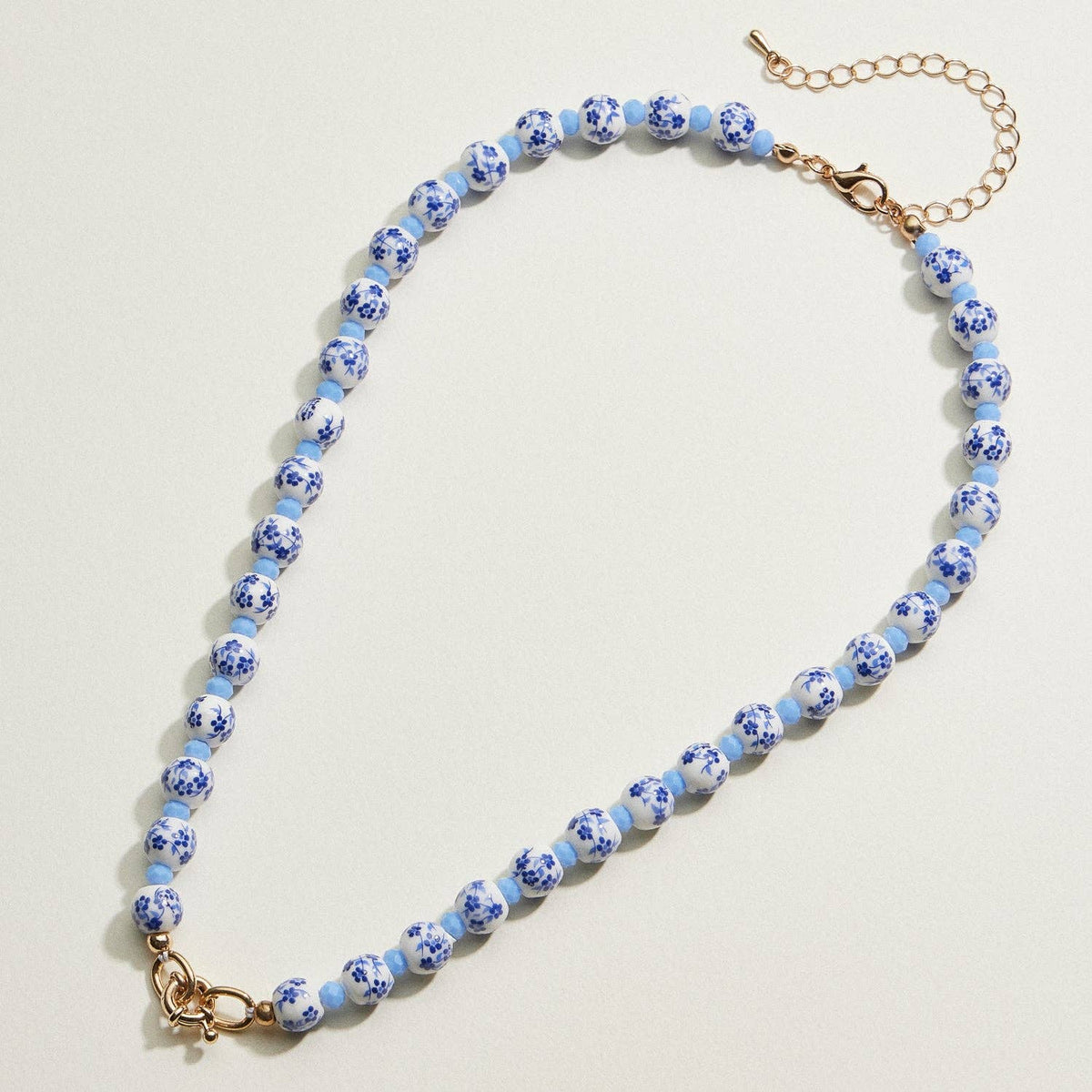 Blue & White Floral Beaded Necklace | Ceramic-Inspired Jewelry