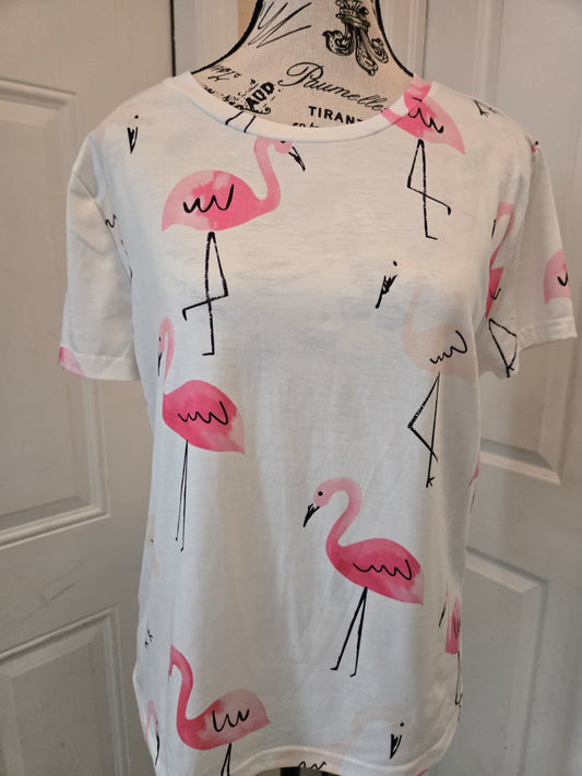 SHEIN Flamingo Print Short Sleeve Top – Size Large