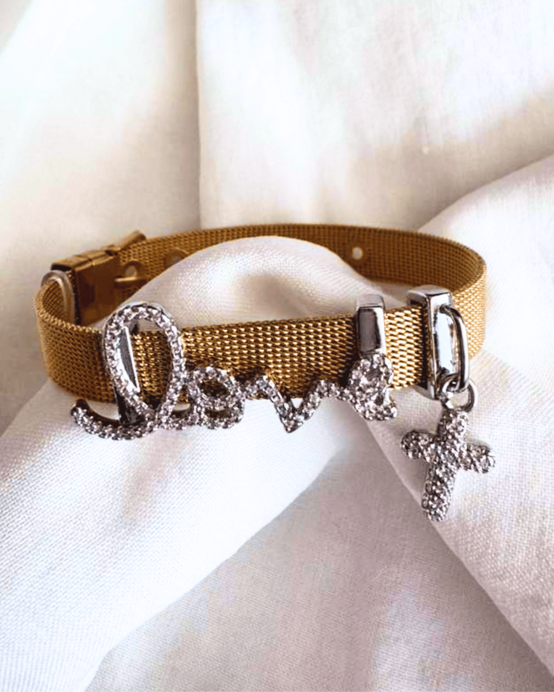 Faith Crystal Studded Love Cross Charm Duo Toned Bracelet