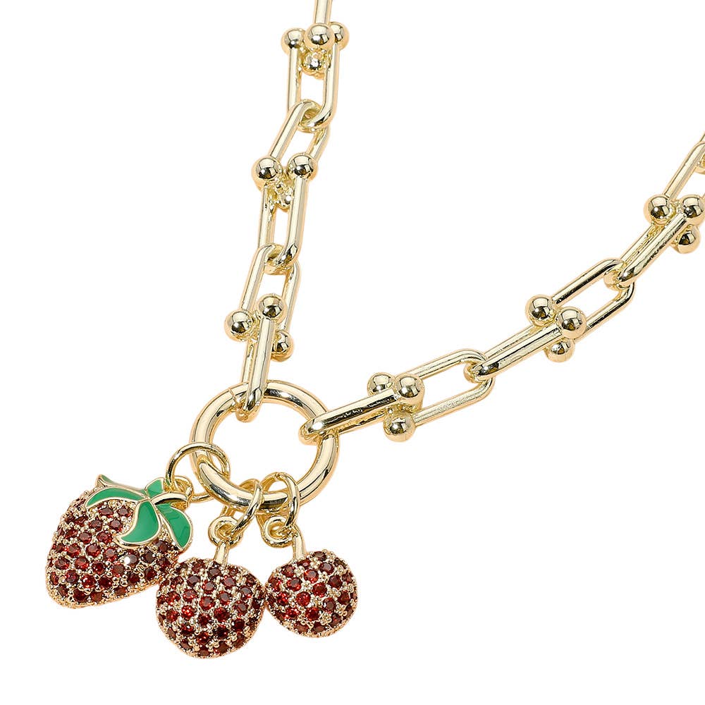 14K Gold Plated Stone Paved Strawberry Cherry Charm Pendant Hardware Chunky Chain Necklace