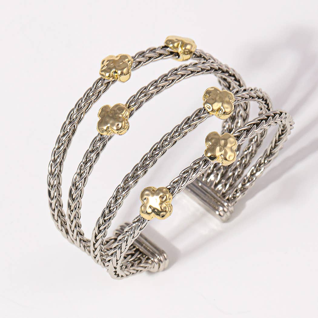 4 Layered Two-Tone Clover Braided Cuff Bracelet