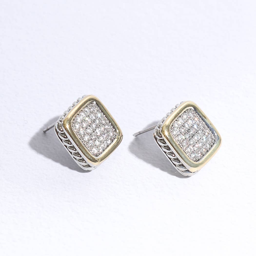 Two-Toned Square Pave Post Earrings