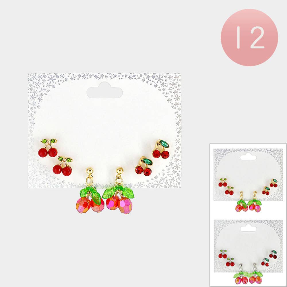 SET OF 3 - Cherry Stud Dangle Earring Set