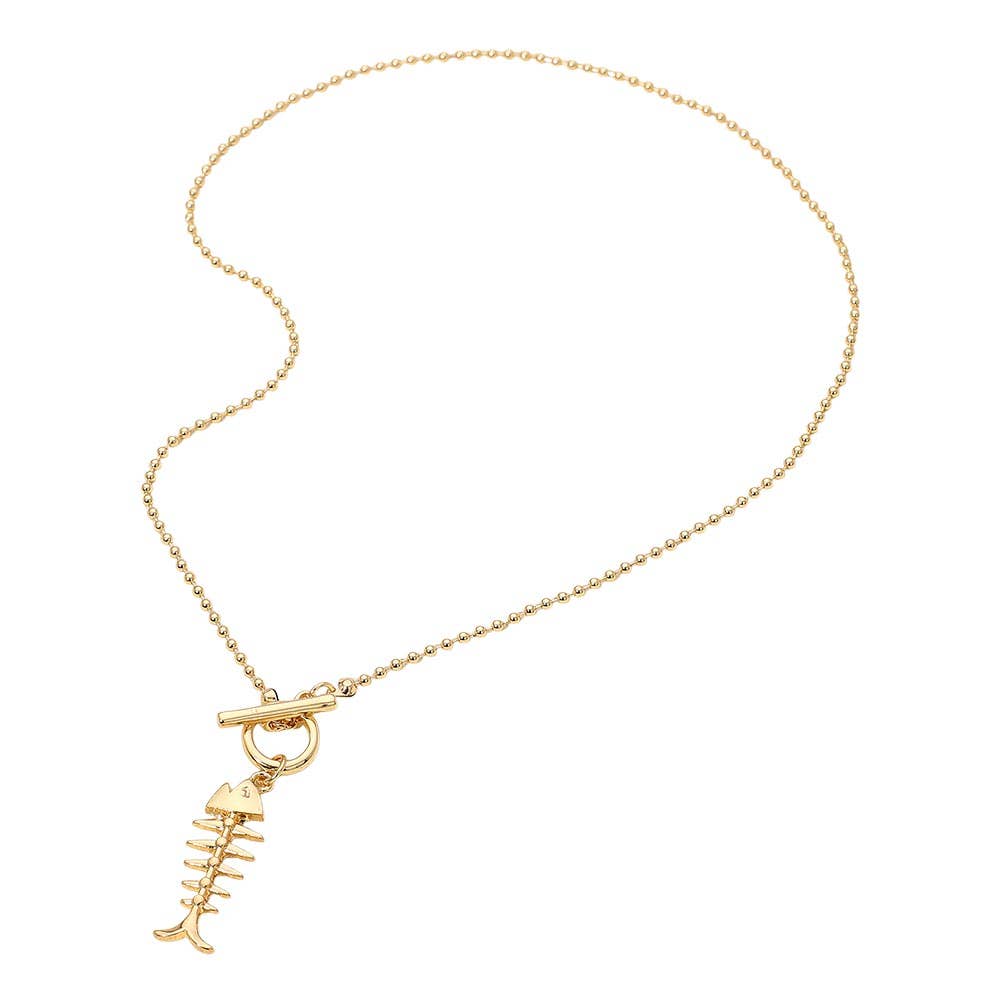 Metal Fishbone Toggle Pendant Beaded Chain Necklace