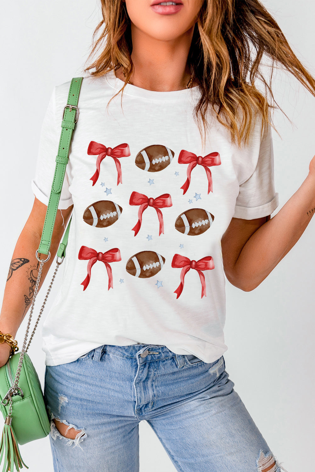 White Bowknot Football Graphic Crew Neck Tee