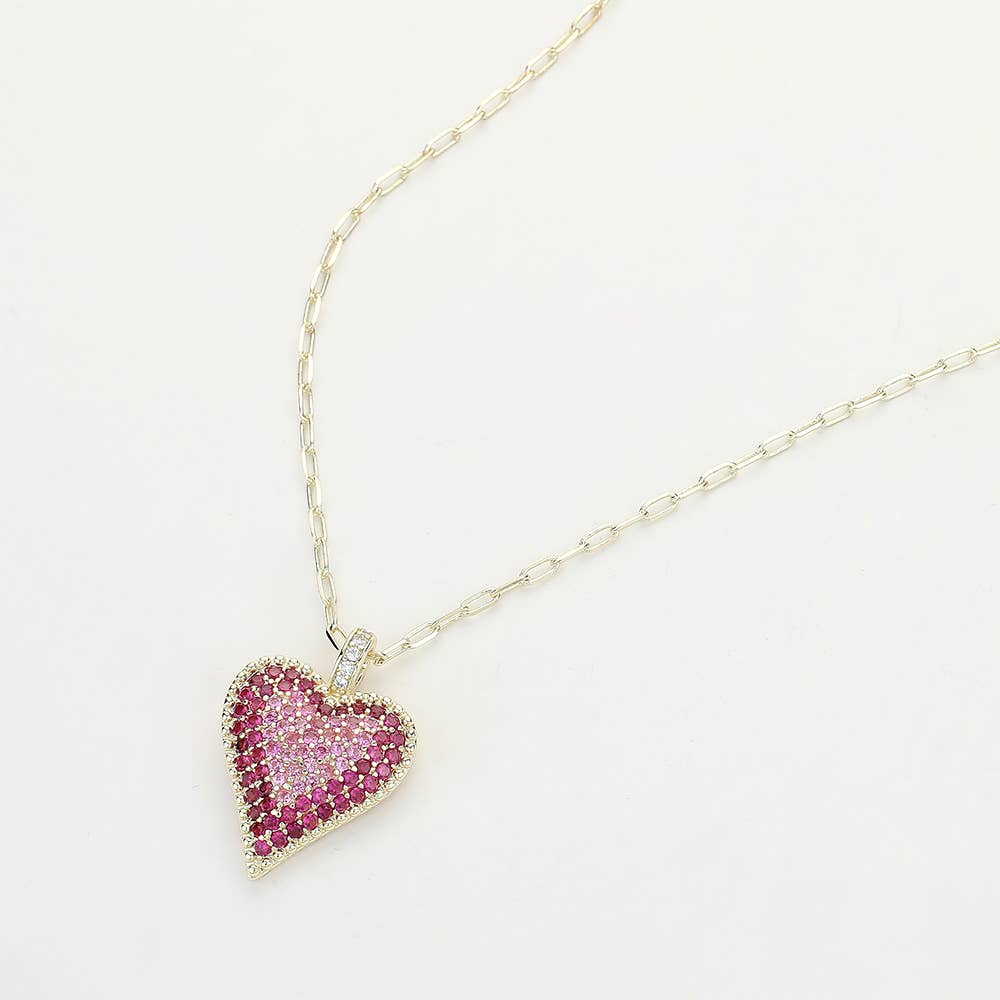 14K Gold Plated Stone Paved Heart Paperclip Chain Pendant Necklace