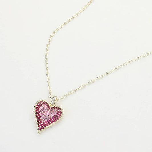 14K Gold Plated Stone Paved Heart Paperclip Chain Pendant Necklace