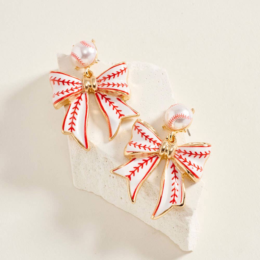 Baseball Bow Charm Drop Dangle Earrings