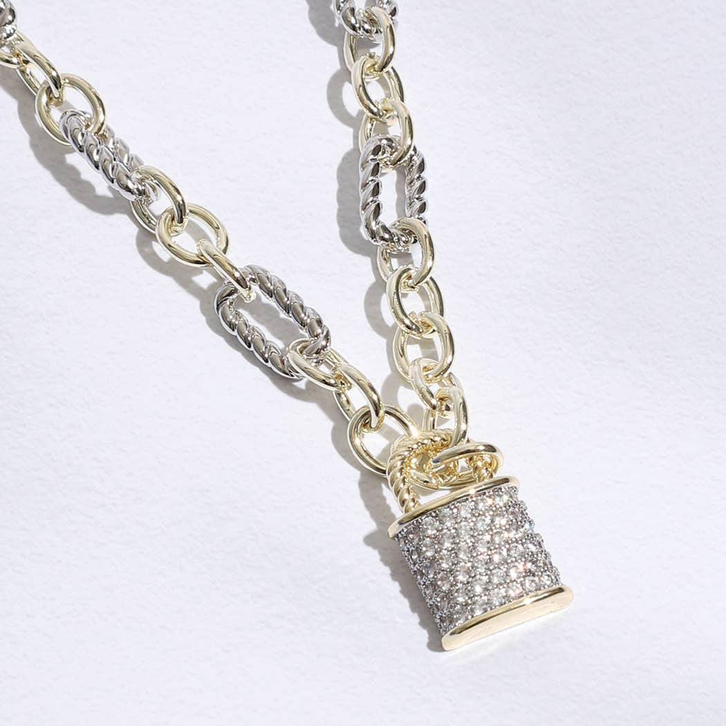 Linked Solid and Twisted Chain Lock Necklace