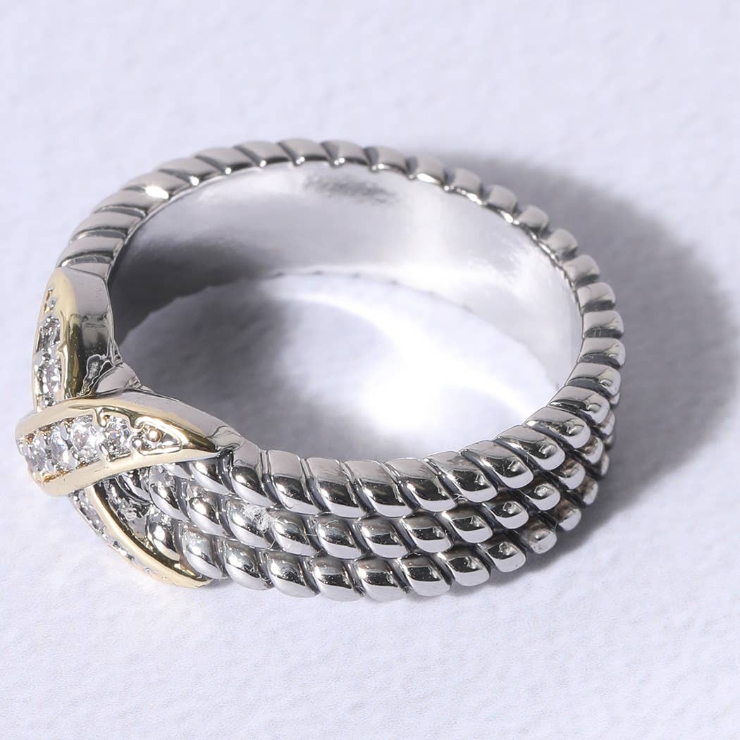 X Tripe Cable Silver Gold Stones Ring