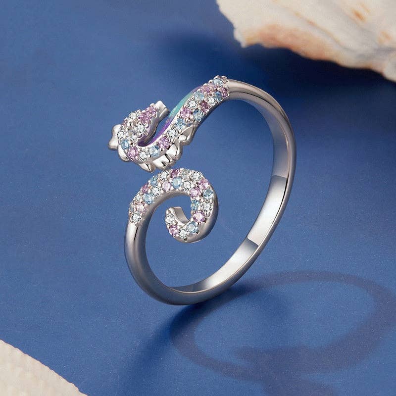 Multi-Color Painted Seahorse Open Ring in Solid Copper