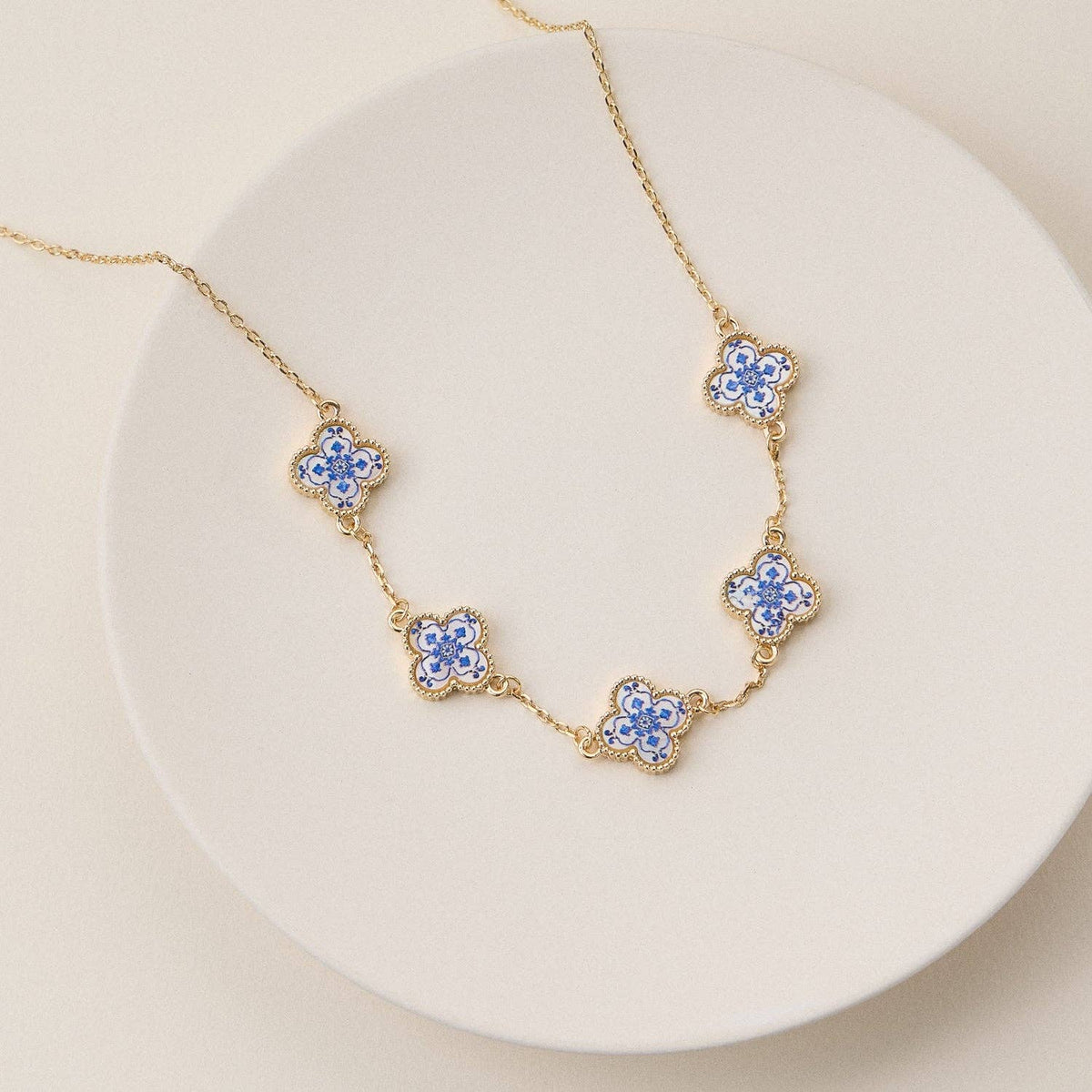 Blue Floral Clover Enamel Necklace | Gold Charm Necklace