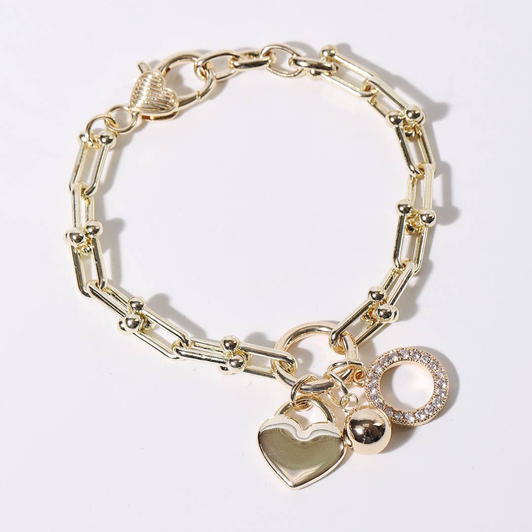 Gold Charm Bracelet with Heart Crystal Accents