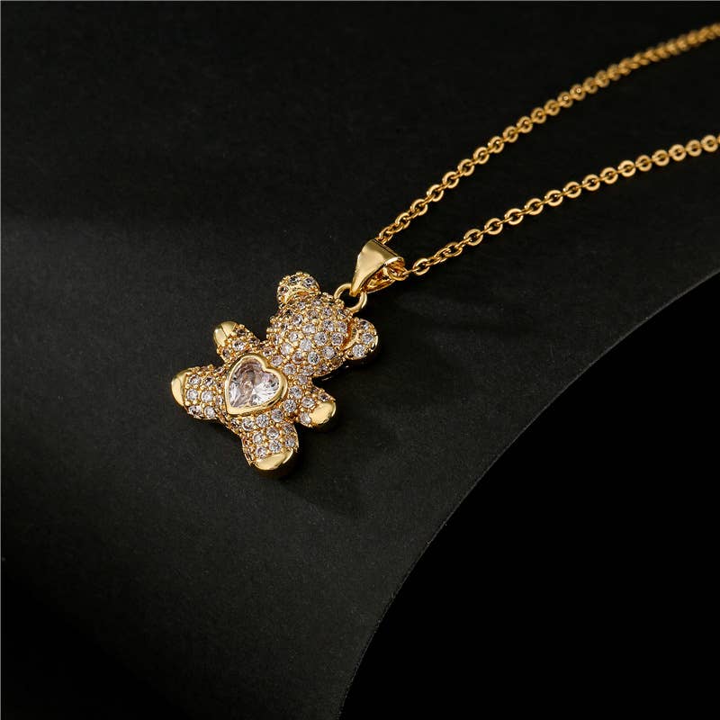 Dainty Crystal Teddy Bear Pendant Necklace in Solid Copper