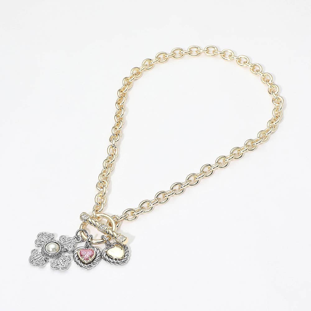 14K Gold Plated Pink Heart Pearl Accent Cross Charm Pendant Toggle Necklace
