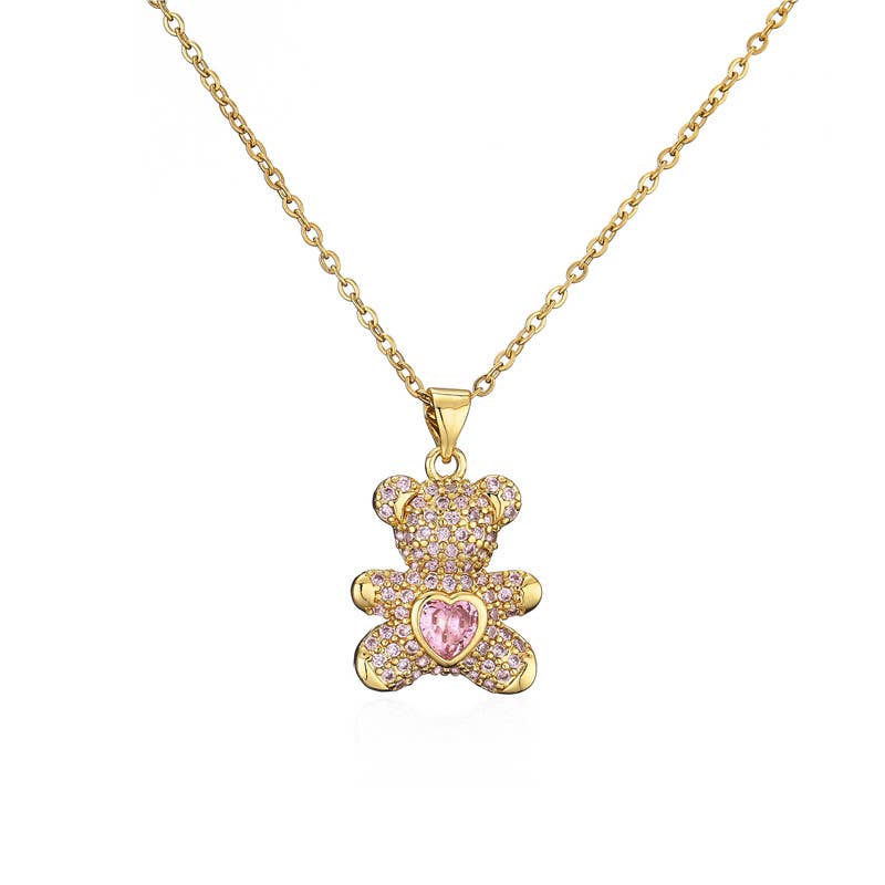 Dainty Crystal Teddy Bear Pendant Necklace in Solid Copper
