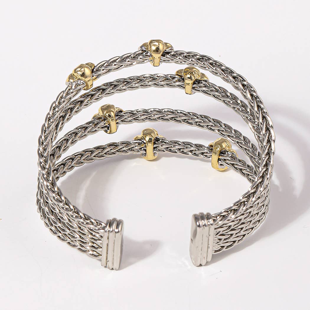 4 Layered Two-Tone Clover Braided Cuff Bracelet