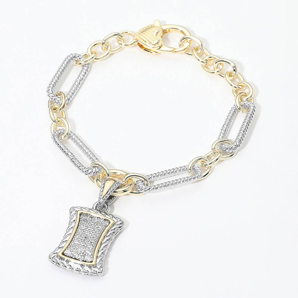 14K Gold Plated Two Tone Pave Rectangular Frame Charm Link Bracelet