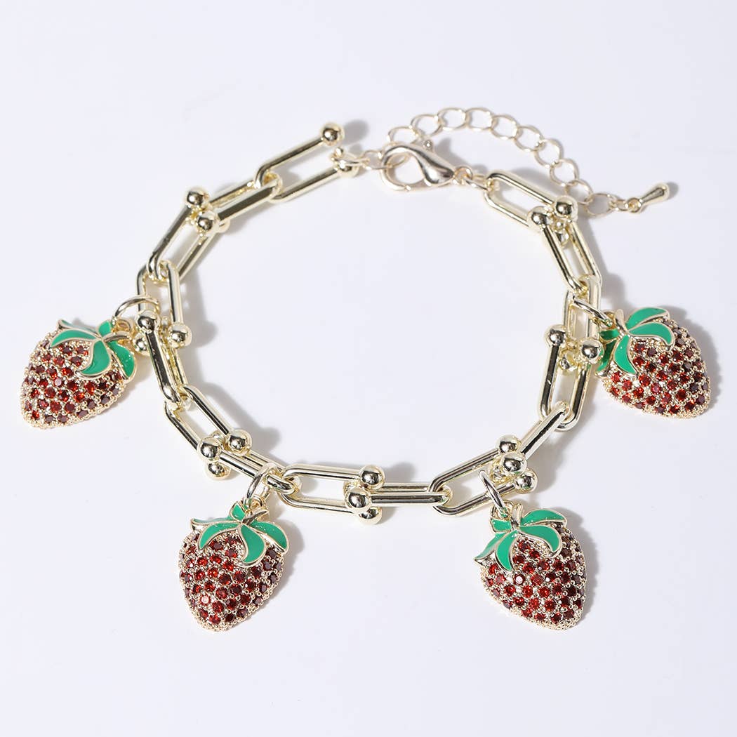 Gold Bracelet with 4 Strawberry Charms