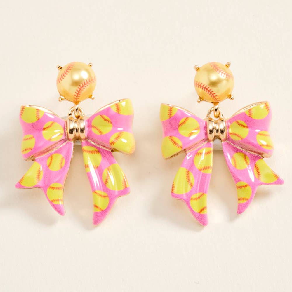 Softball Pink Bow Drop Earrings