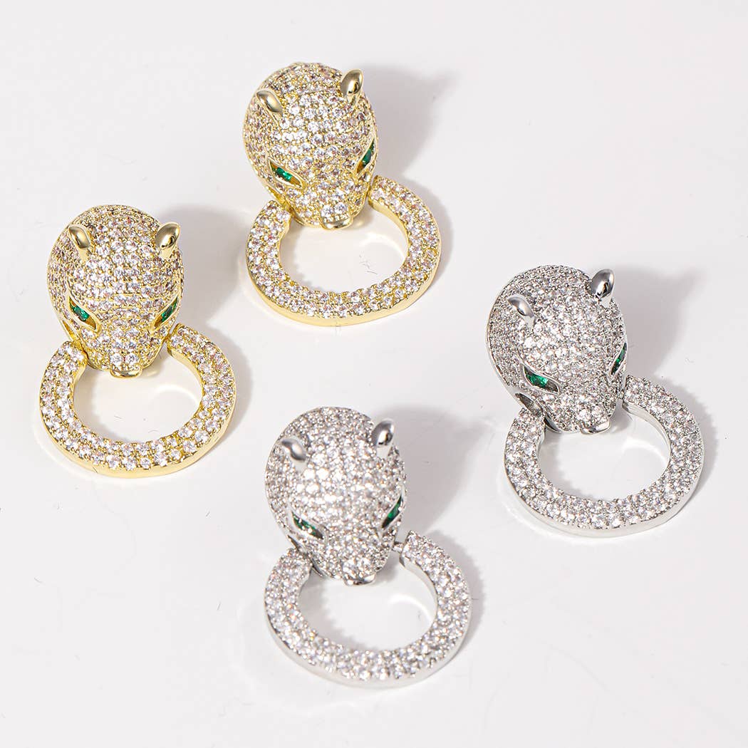 Panther Figure with Ring Pave Post Earrings