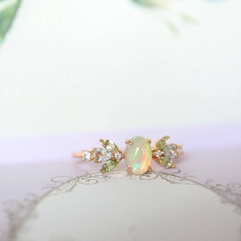 Dainty Gold Opal Leaf Stacking Band Ring