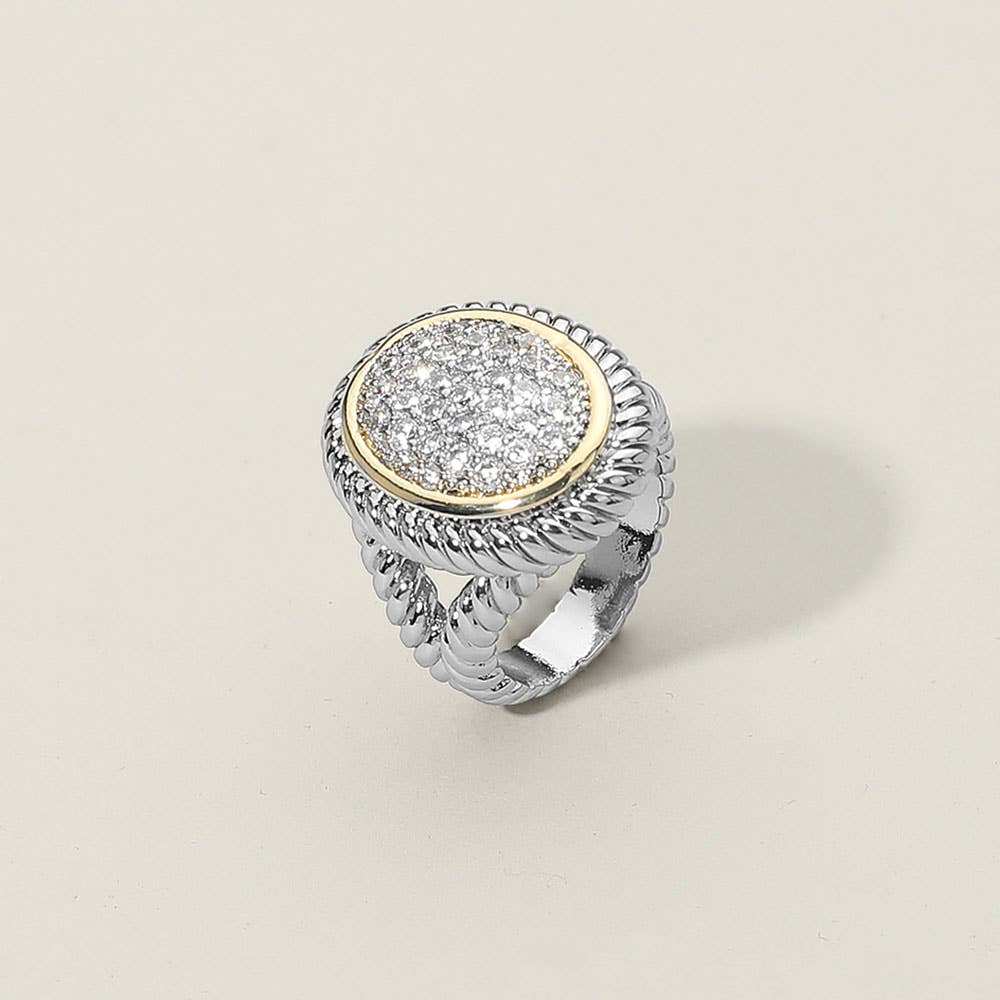 Two Tone CZ Stone Paved Round Statement Ring