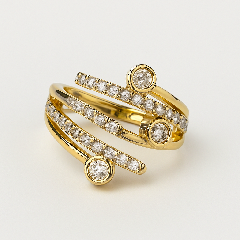 Triple Bezel Spiral Ring – Gold CZ Adjustable Wrap Design