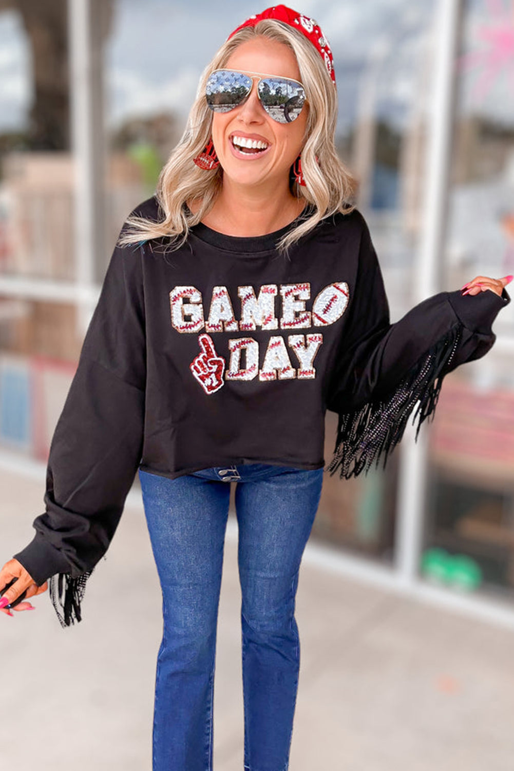 Black GAME DAY Football Sequined Tasseled Cropped Sweatshirt