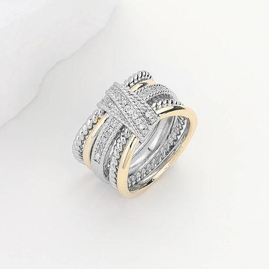 Two Tone Stone Paved Crossover Ring