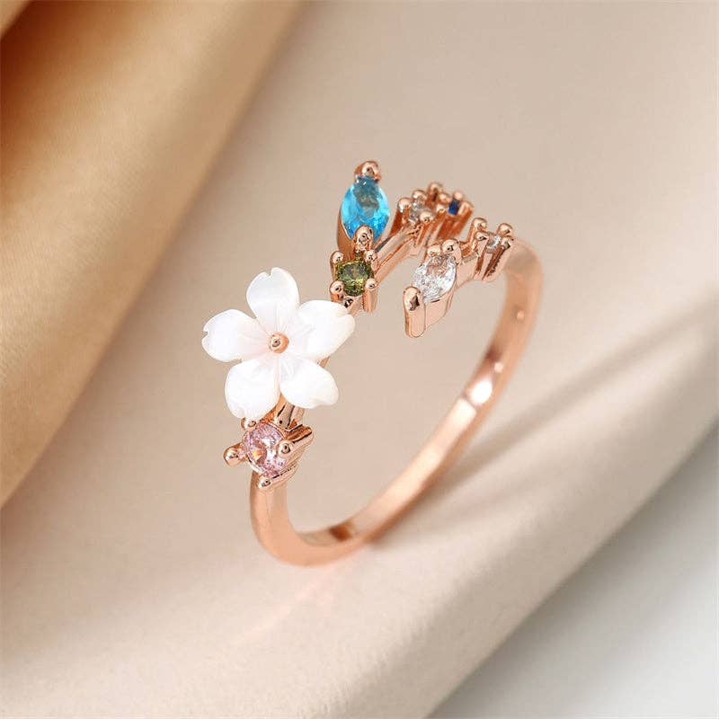 Mother Of Pearl Cherry Blossom Flower Ring in Solid Copper