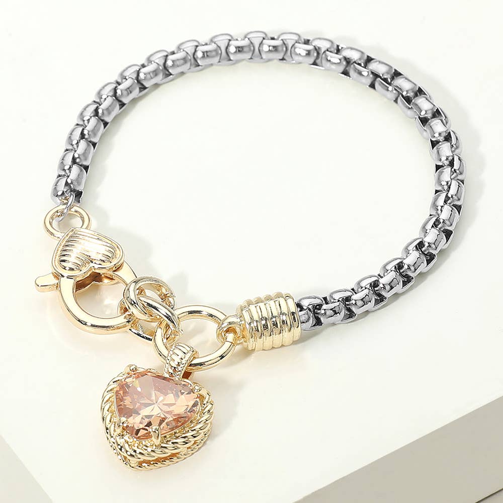 Two Tone Stone Heart Charm Bracelet