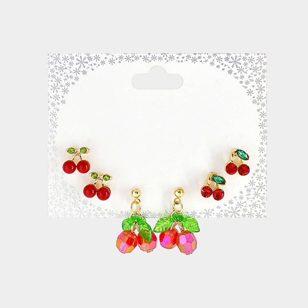 SET OF 3 - Cherry Stud Dangle Earring Set