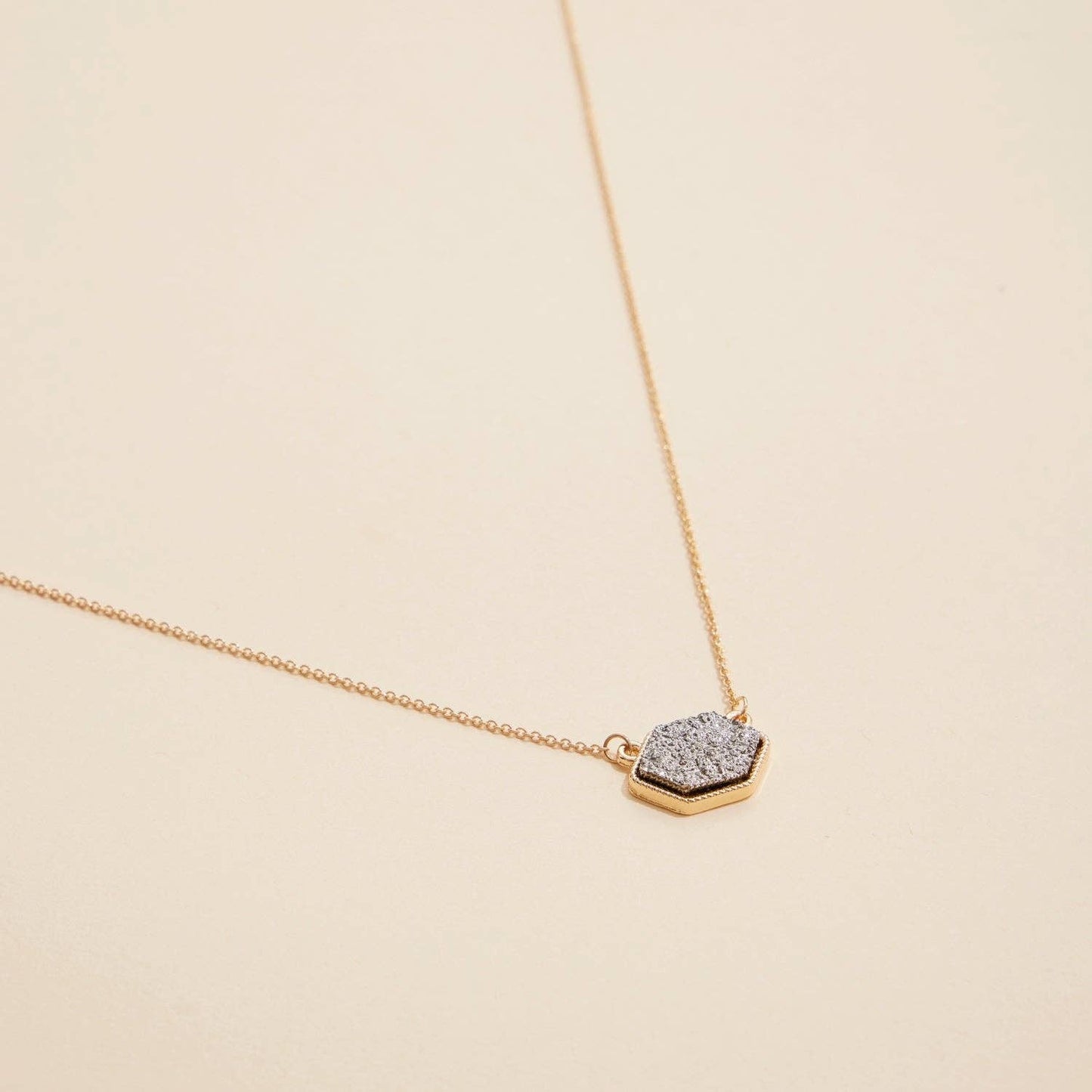 Hexagon Druzy Stone Charm Short Necklace