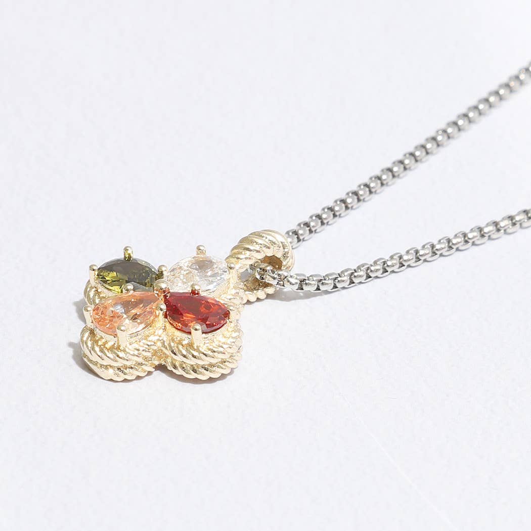 Gold Tone Clover Colored Rhinestone Necklace