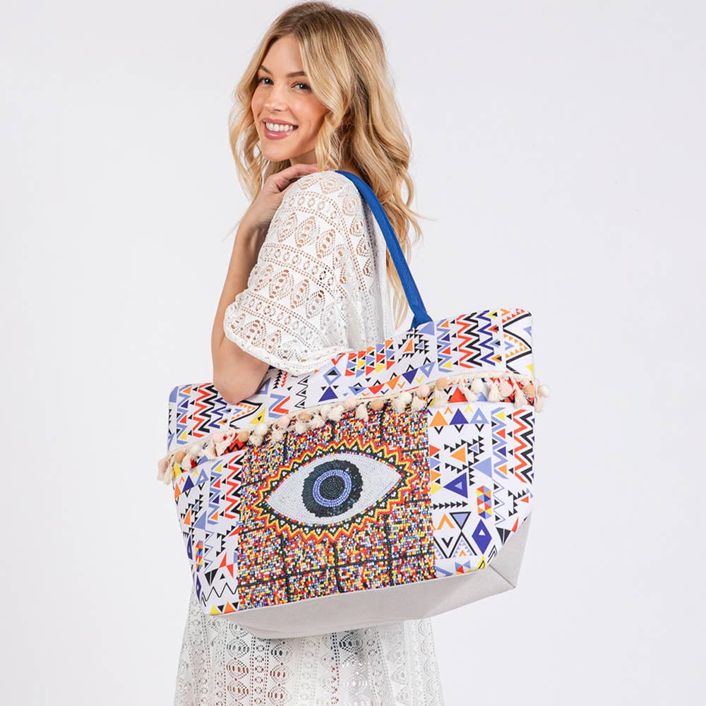Evil Eye Boho Print Pom Pom fringe Tote Bag