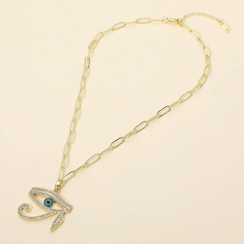 Stainless Steel CZ Stone Paved Eye of Horus Pendant Paperclip Chain Necklace