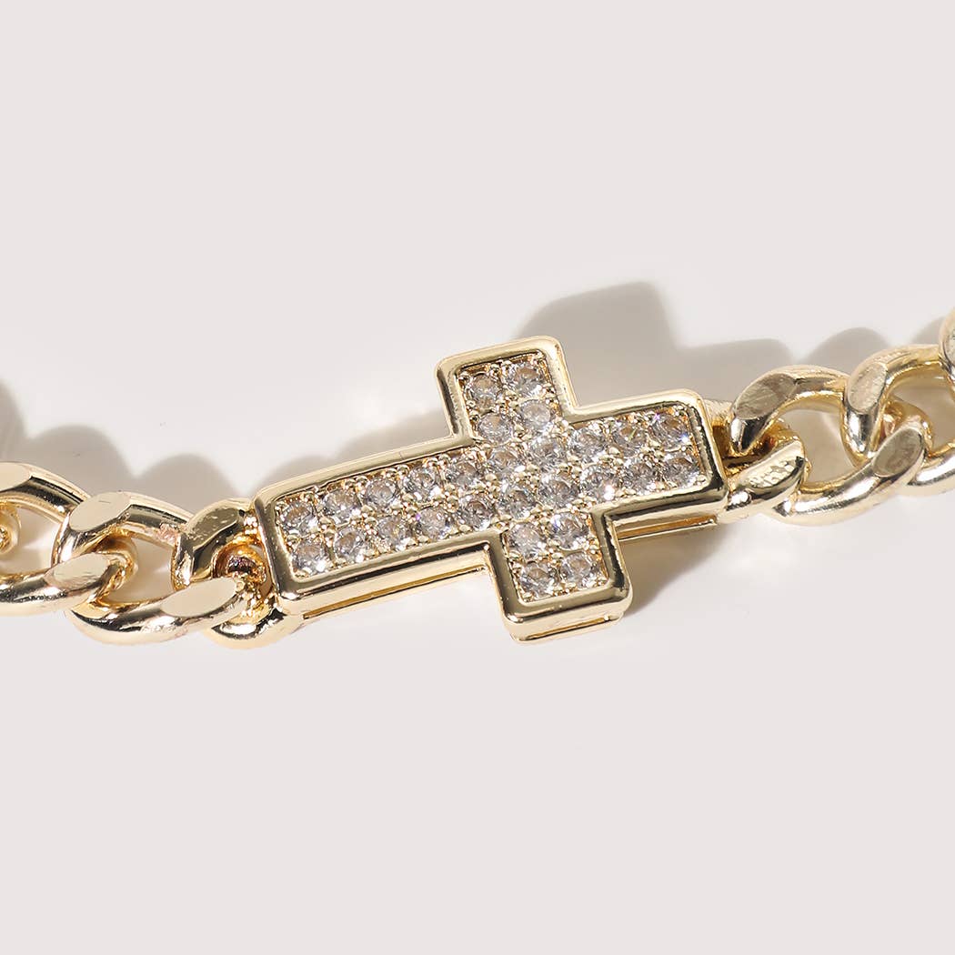 Gold Cuban Link Pave Cross Bracelet