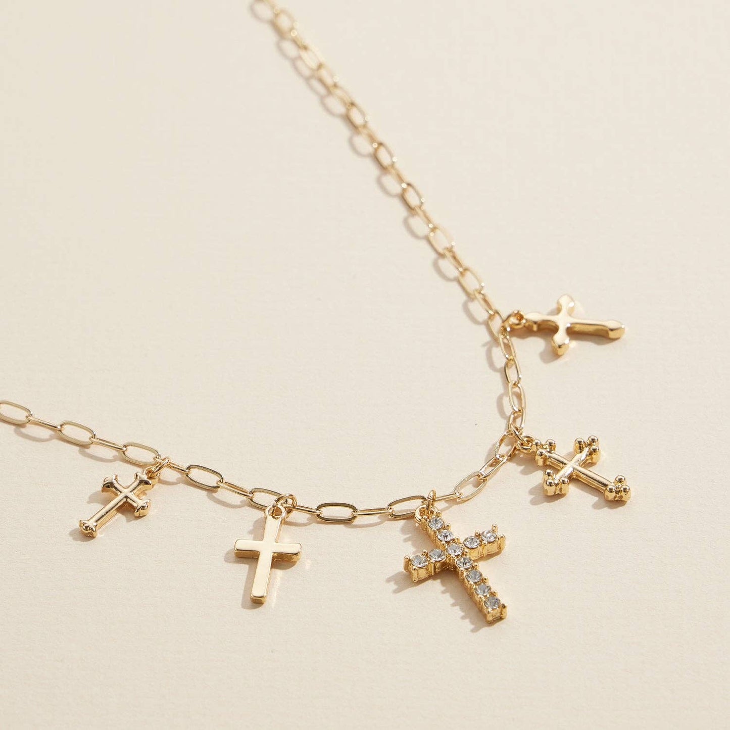 Multi Cross Charm with CZ Diamond Necklace | Charm Paperclip  Necklace