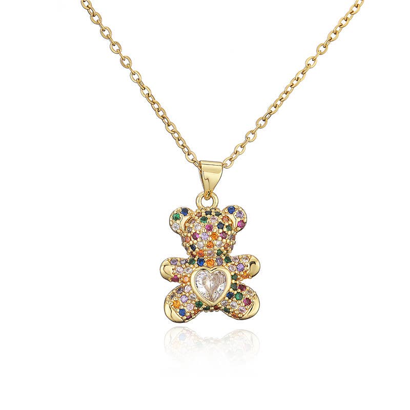 Dainty Crystal Teddy Bear Pendant Necklace in Solid Copper